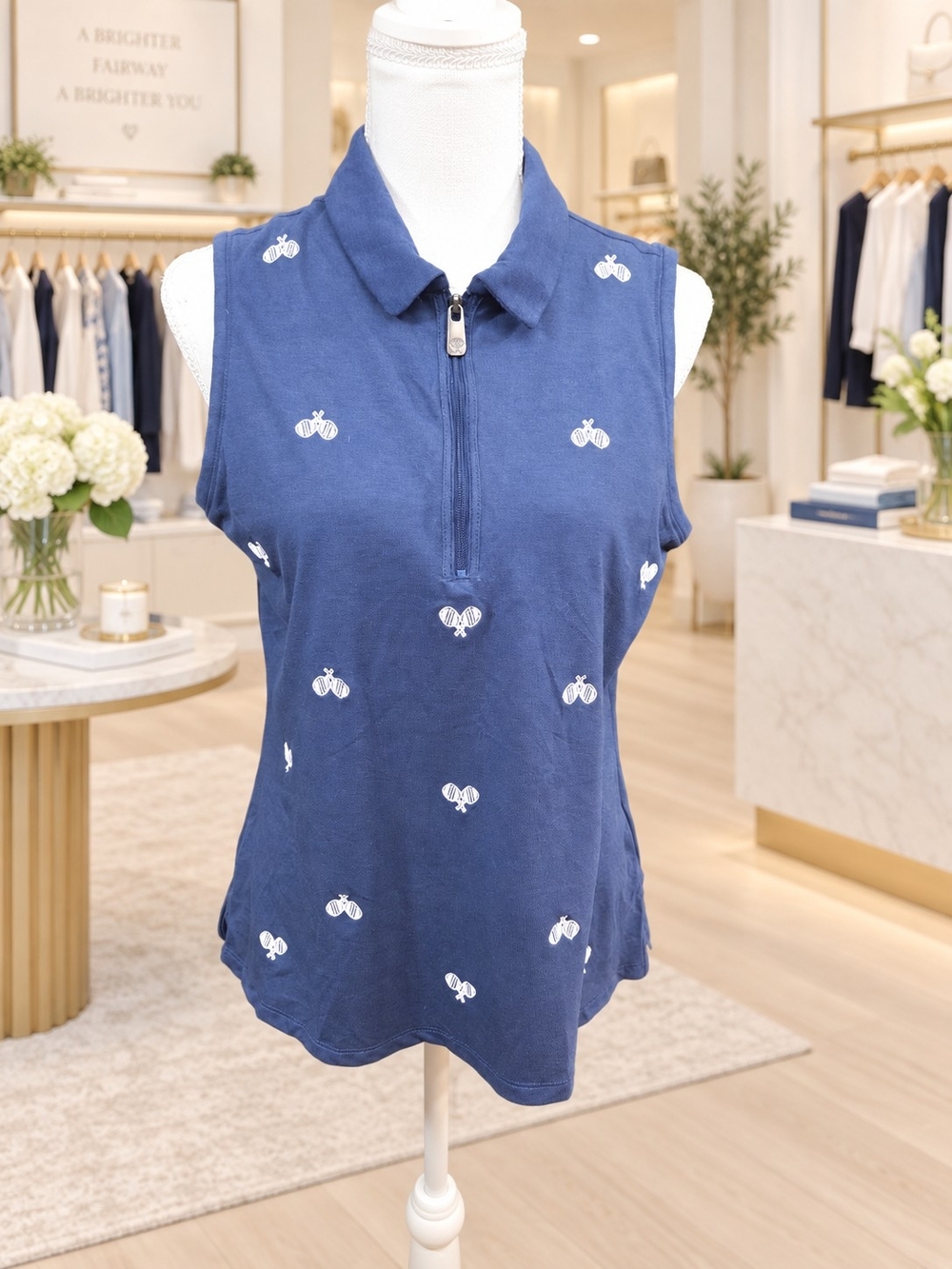 Sigrid Olsen Navy Sleeveless Polo Tank with White Tennis Motifs - Picture 2 of 9